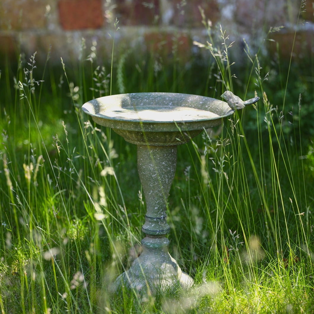 Aged Metal Green Bird Bath and Feeder